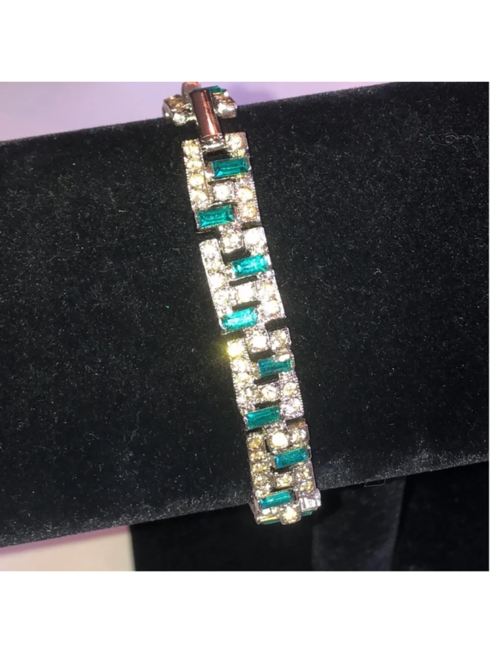 Vintage Silver Tone Green Rhinestone Boho Bracelet - Picture 4 of 8